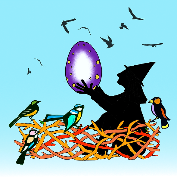 Graphic of the silhouette of a witch holding a large purple egg.  She is sitting in a birds nest surrounded by birds.