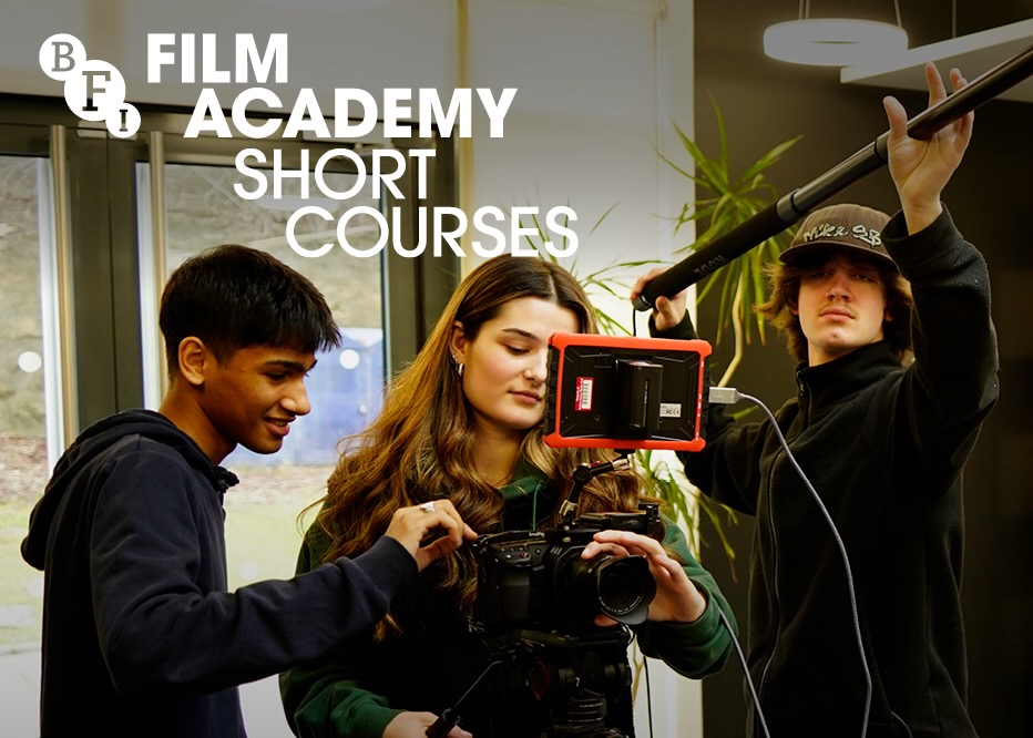 Image of three young people with film camera and holding sound boom aloft